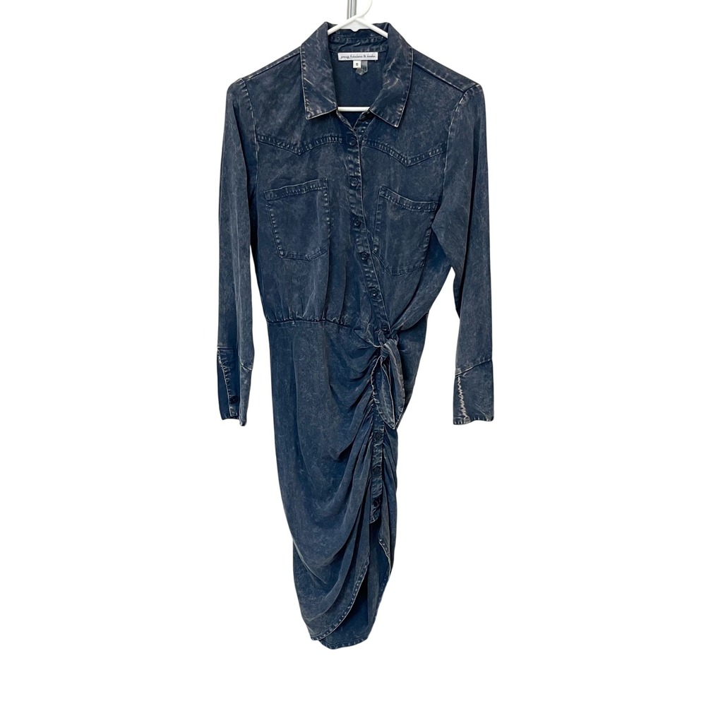 Young Fabulous & Broke Blue Acid Wash Ruched Midi Shirt Dress Boho Size Small